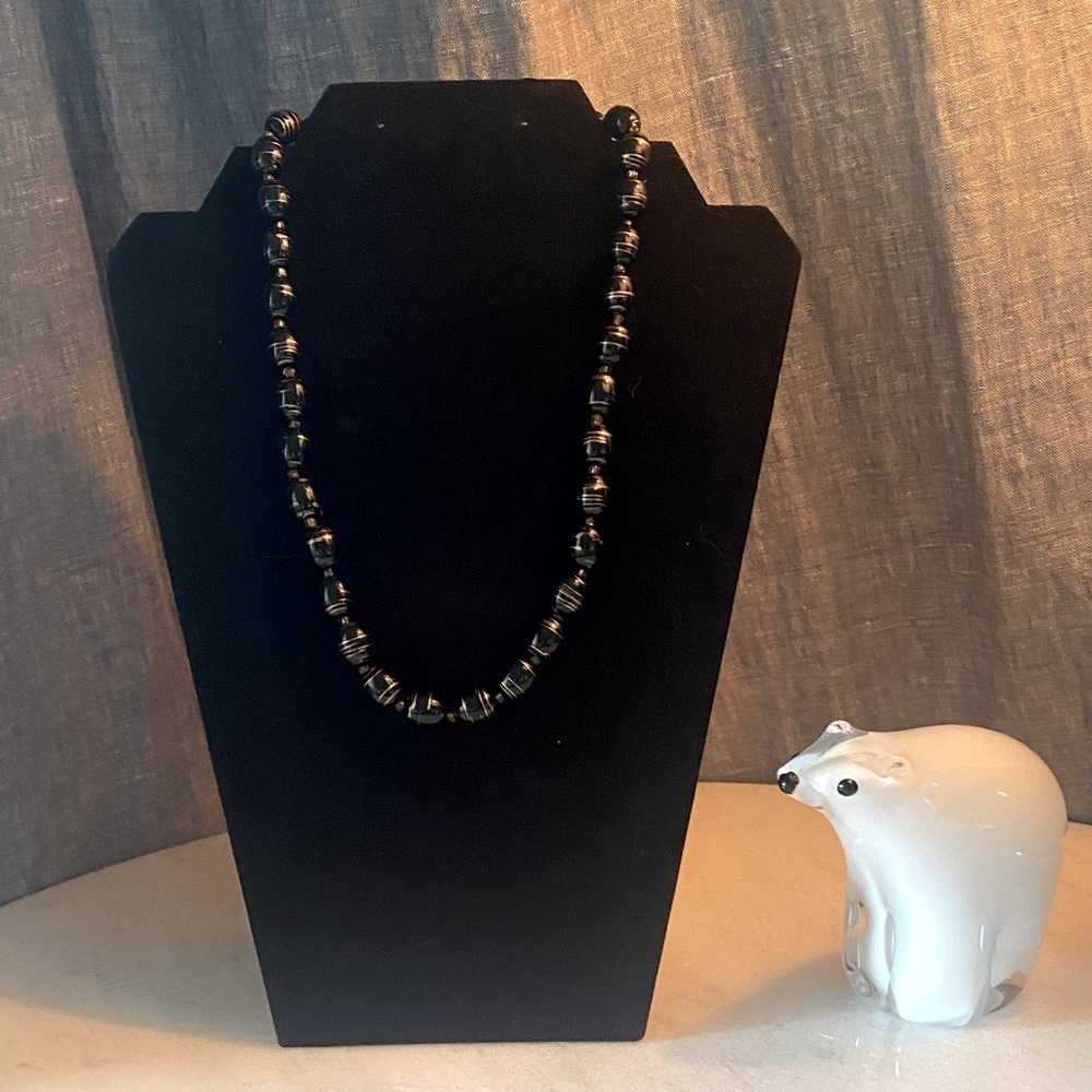 Vintage‎ Black Lucite Bead Necklace Gold Swirls